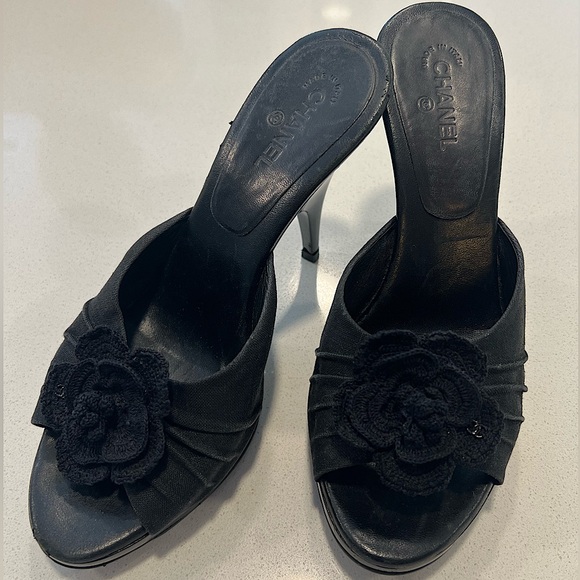 CHANEL Black Camellia Heels 37 1/2 - Picture 1 of 11